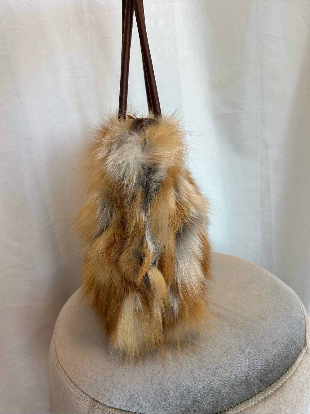 Fox Fur Tote in Brown Cream and Gray real fur shoulder bag - Picture 3 of 14